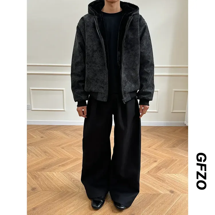 一件过冬~PU皮座山雕男女休闲复古加绒保暖仿兔毛连帽棉衣外套