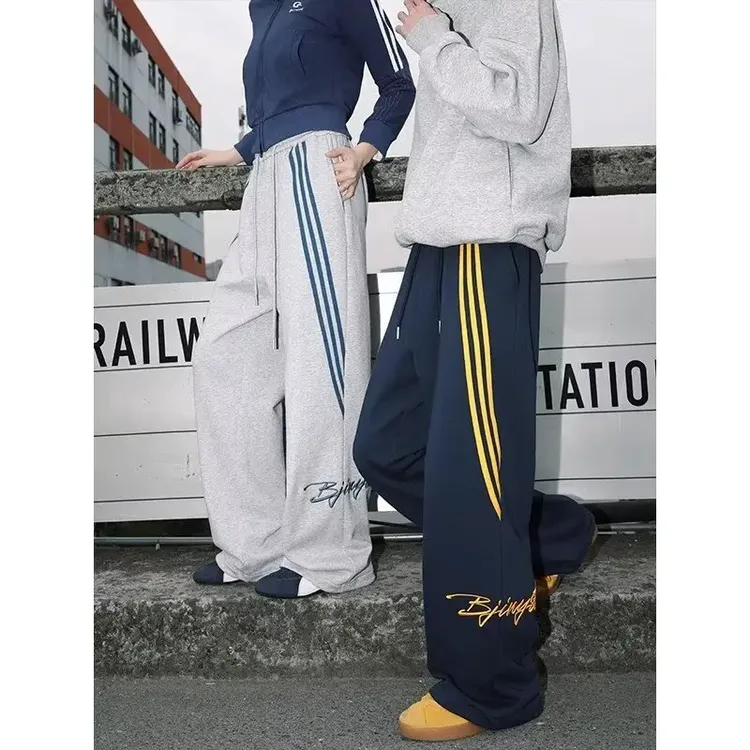 2025秋季新款男士美式宽松休闲裤拼接刺绣卫裤设计感运动阔腿长裤