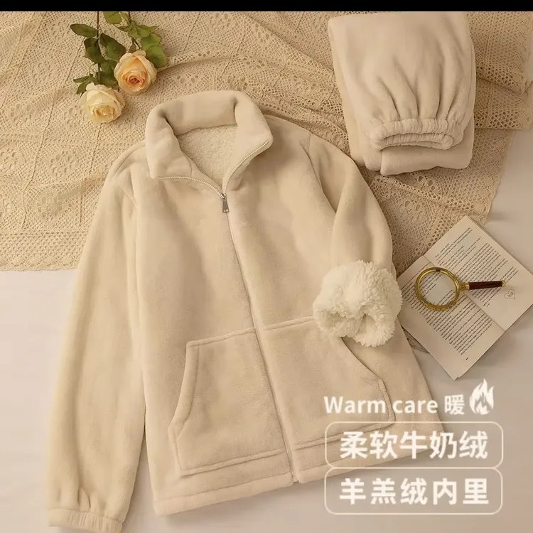 冬季时尚立领三层加厚加绒可外穿睡衣套装