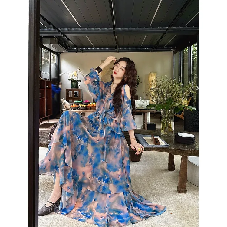 三吉黑花【花信风】新中式连衣裙子2025新款今年流行两件拖尾长裙