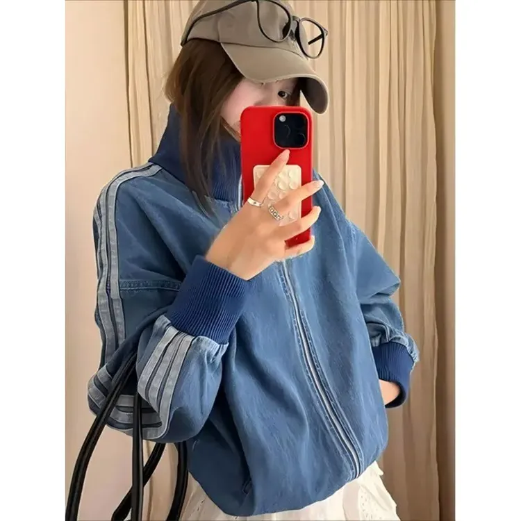 水洗蓝色三条杠短款牛仔外套男女款秋季美式复古立领运动棒球夹克
