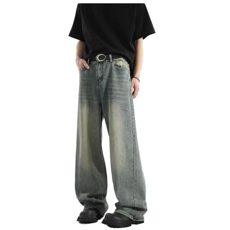 秋冬潮流高街好帅穿搭牛仔裤男士美式复古做旧水洗宽松阔腿