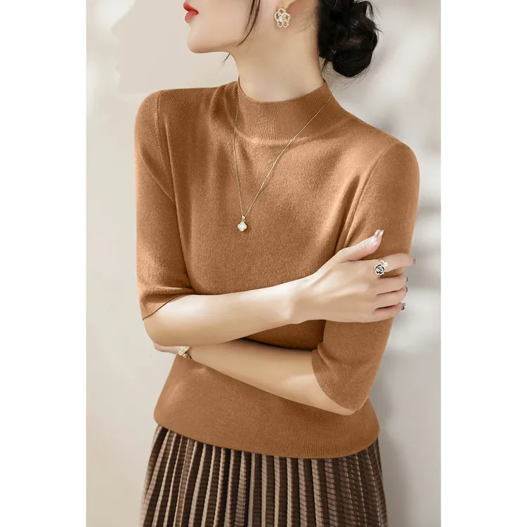 时尚简约款气质百搭针织上衣女秋季新款高级半高领修身半袖打底衫