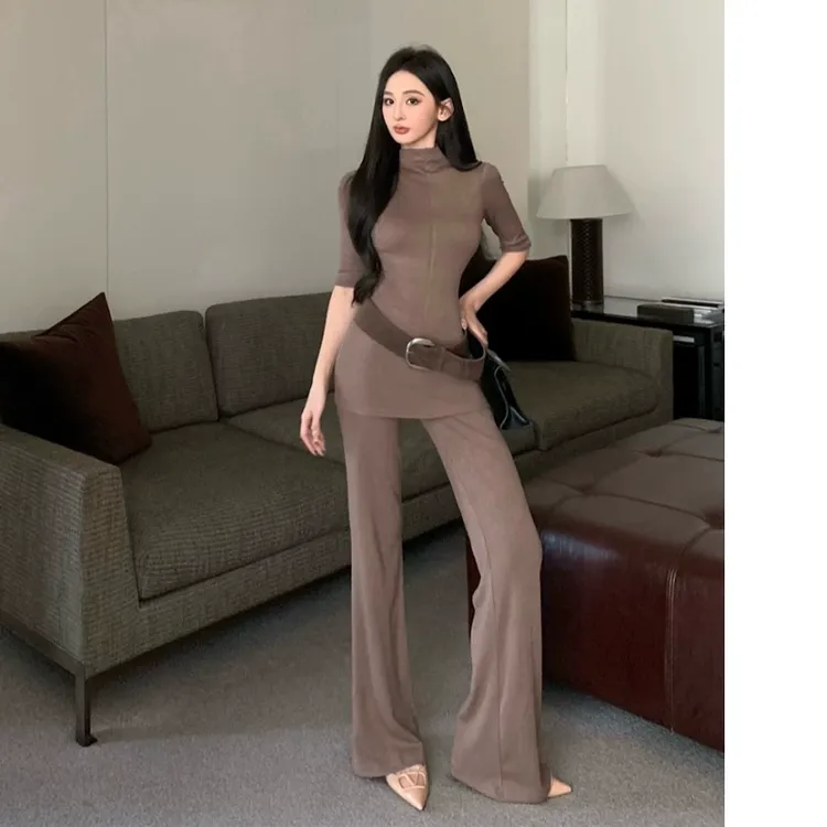 休闲套装气质修身半高领长袖T恤上衣女冬季高腰微喇叭长裤两件套