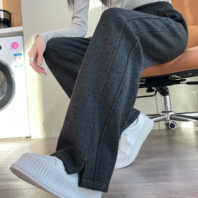 【现货+运费险】人字纹毛呢开叉香蕉阔腿裤女秋冬季加绒九分休闲裤