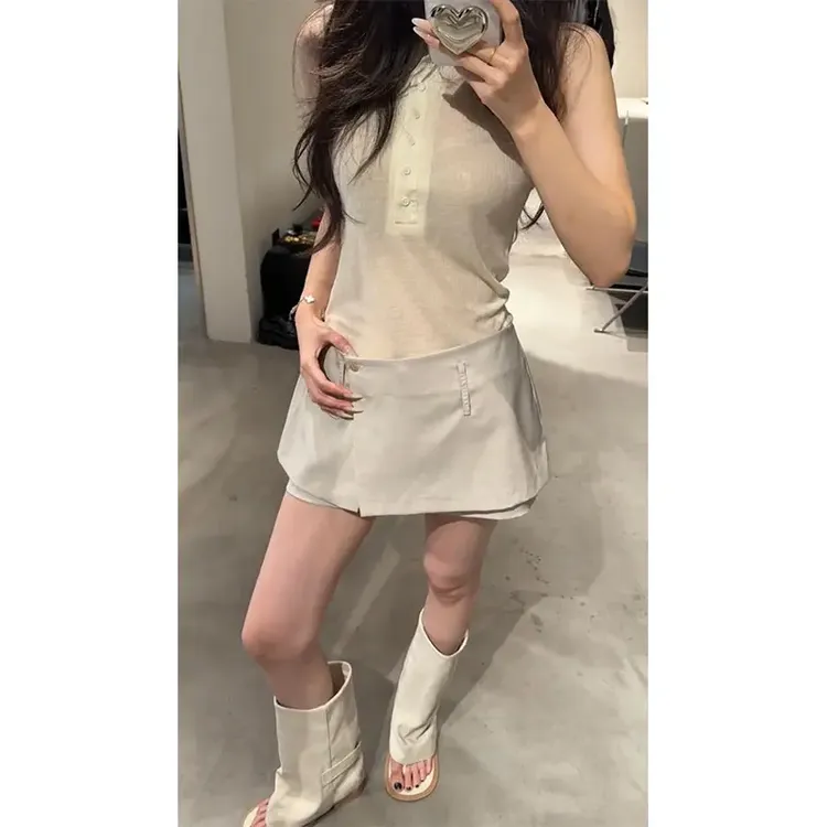 清冷系衣服性感修身百搭无袖上衣夏季新款简约修身显瘦A字短裙裤