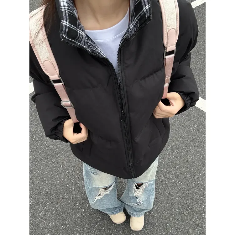 fitcheck格子拼接棉服男冬季复古设计感无帽棉衣美式翻领情侣外套