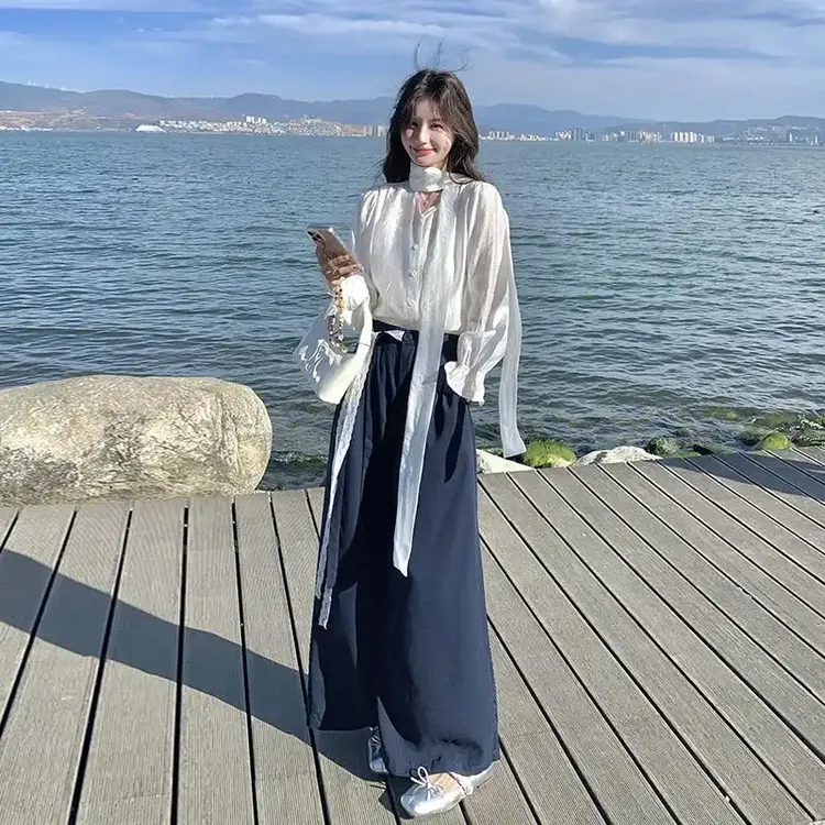 白色衬衫上衣蕾丝阔腿裤两件套女2025春季新款时尚休闲度假风套装