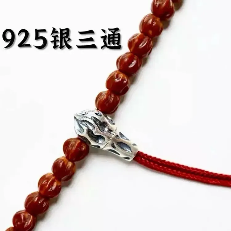 925银银制品 雕刻柏香籽三通佛头百香籽佛手念珠配饰108佛珠配饰