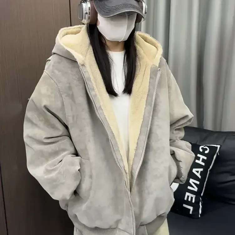 美式复古座山雕厚款过冬仿兔毛连帽棉服ins潮流宽松男女pu皮棉衣