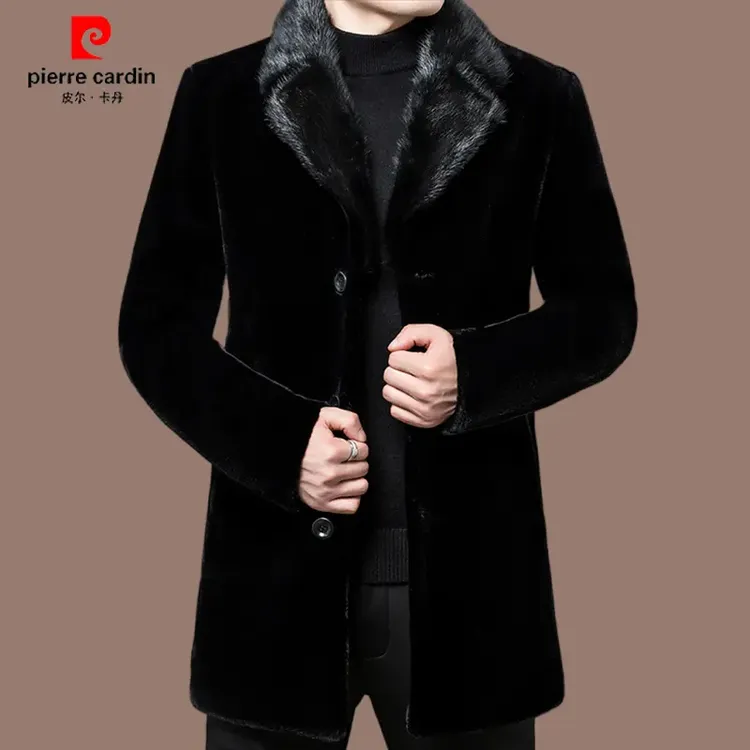 【皮尔卡丹】高档男士水貂领毛呢大衣冬季新款保暖抗寒中长款外套