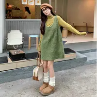 甜美韩系风格绿色针织长袖背心连衣裙秋季新款打底衫