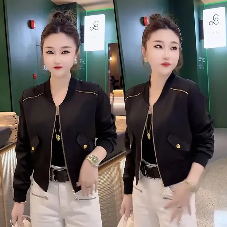 欧货2025春秋新款韩版简约时尚圆领短款外套女夹克修身显瘦上衣潮