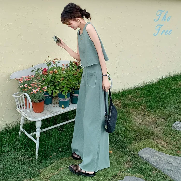 又a又飒牛仔套装女高级感背心+阔腿裤气质显瘦时尚洋气休闲两件套