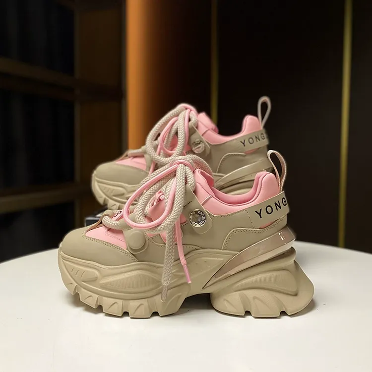 欧洲站时尚厚底真皮系带老爹鞋女2025年春季新款拼色增高休闲女鞋