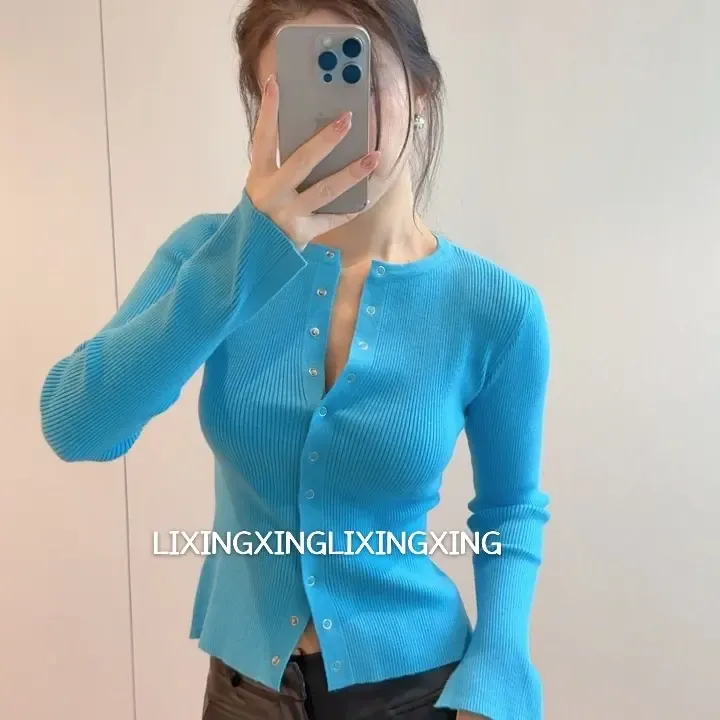 LXX【亮色森系开衫】圆圈排扣针织常规款常规长袖春季毛针织衫修身
