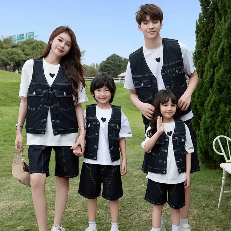亲子装一家三口夏装2025新款活动团体母女学院风工装牛仔马甲套装