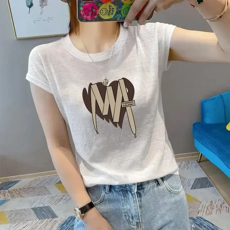 韩版简约薄款短袖t恤女夏季外穿圆领大码竹节棉打底衫印花上衣服