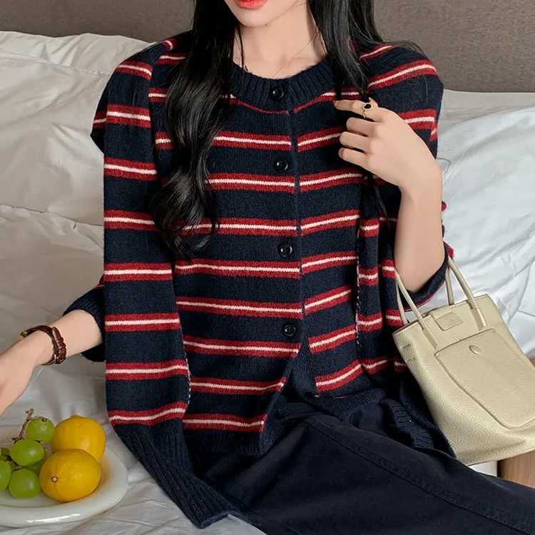 时尚条纹长袖针织衫毛衣女秋冬2025秋季新款宽松百搭短款开衫上衣