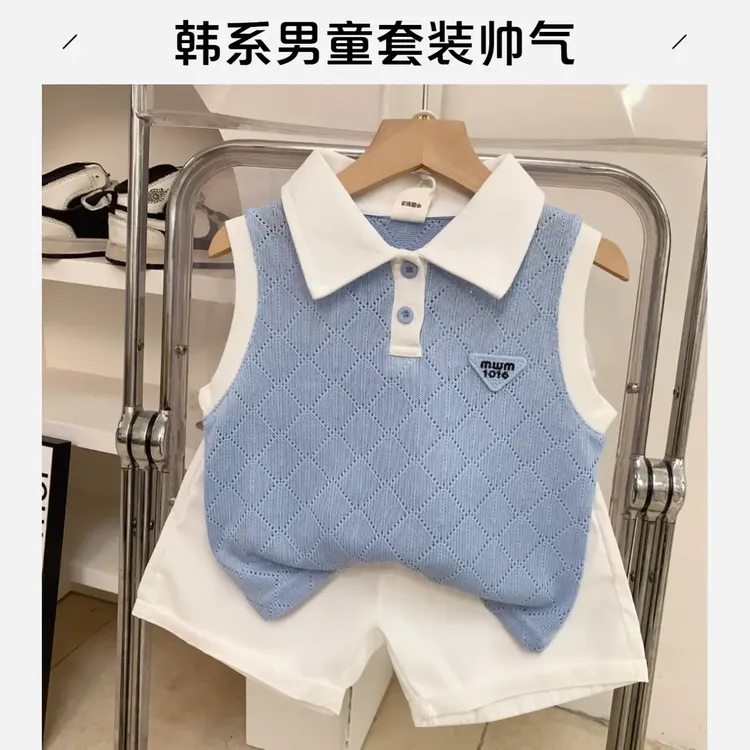 儿童韩系气质Polo套装男童夏款薄款镂空无袖Polo衫短裤帅气两件套