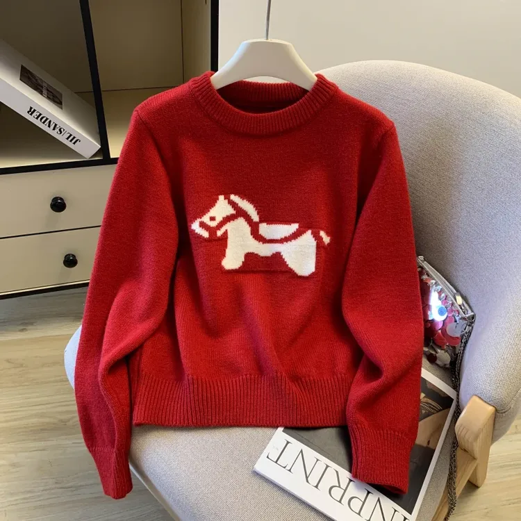 【大码】拉夏贝儿马年小马图案洋气加厚毛衣女时尚显瘦针织衫C11