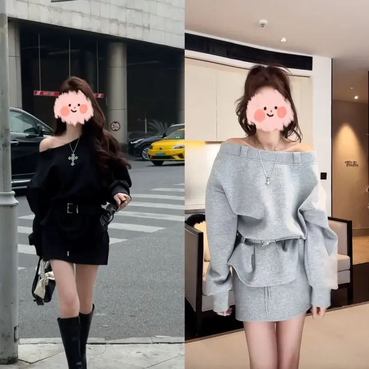 开春穿搭套装女2025新款韩版纯欲风斜领露肩卫衣 半身短裙两件套