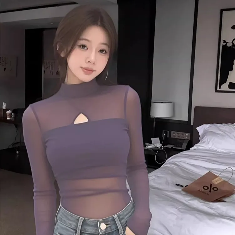 梦优莱紫色半高领镂空打底衫2025春秋冬时尚内搭微透网纱T恤上衣