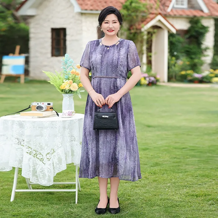 菲姐夏季新款大码妈妈装洋气雪纺连衣裙高贵显瘦中年大码女装裙子