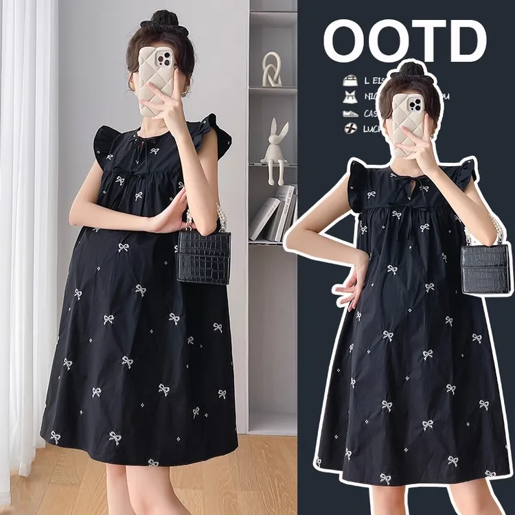 恩朵熊孕妇连衣裙夏季2025新款黑色宽松飞飞袖碎花时尚辣妈半身裙