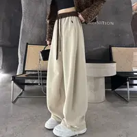 2025韩版网红秋冬加绒爆款弯刀裤休闲卫裤刺绣保暖长高腰阔腿裤