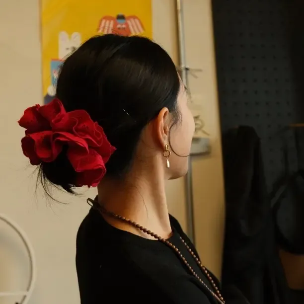 韩系红色蕾丝发圈纯手工气质女后脑勺单圈发饰