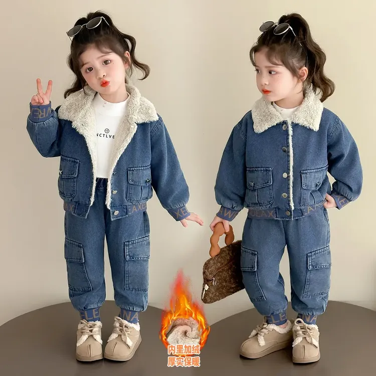 女童牛仔套装儿童秋冬装韩版加绒加厚保暖女宝宝冬季休闲风两件套