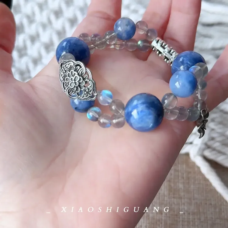 手链 梦幻蓝色系蓝兔毛蓝晶双圈手串