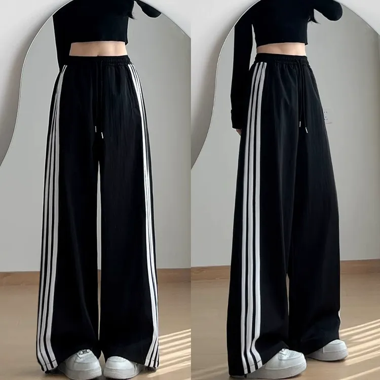 女大童黑色运动裤夏季薄款裤子2025新款高腰棉阔腿休闲三条杠卫裤