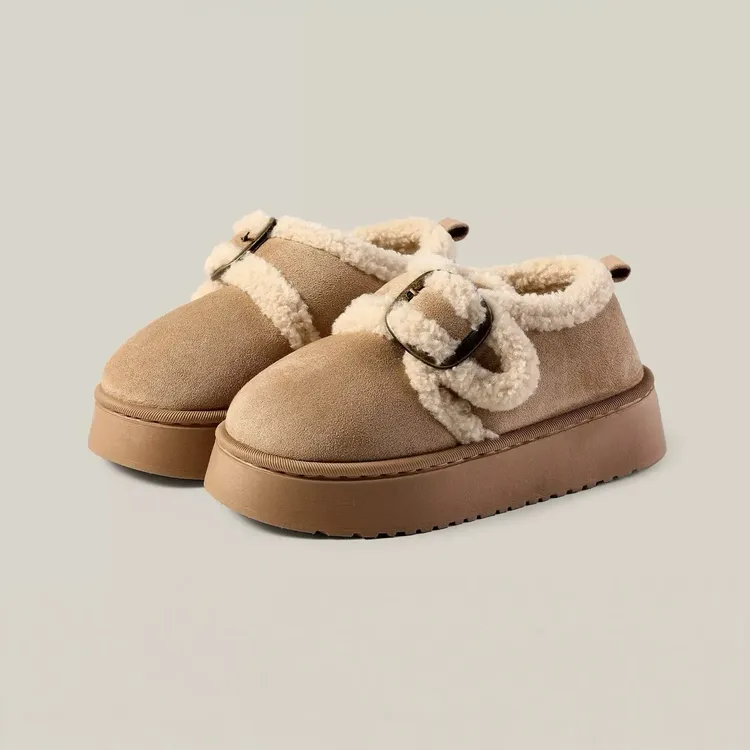 休闲风纯色雪地靴棉鞋格子包头款冬季四季通用家居