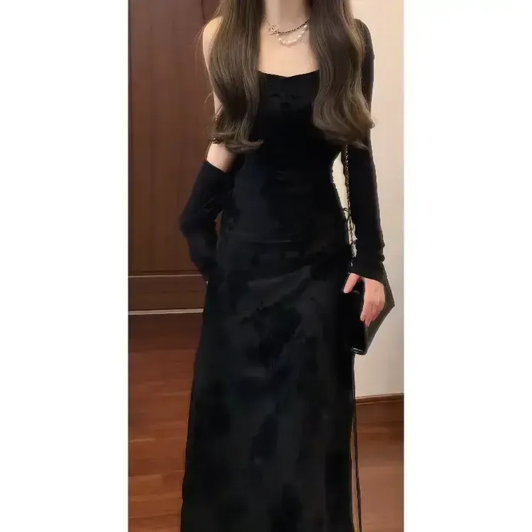 新中式国风复古提花抽绳吊带连衣裙气质长裙&防晒空调开衫8131