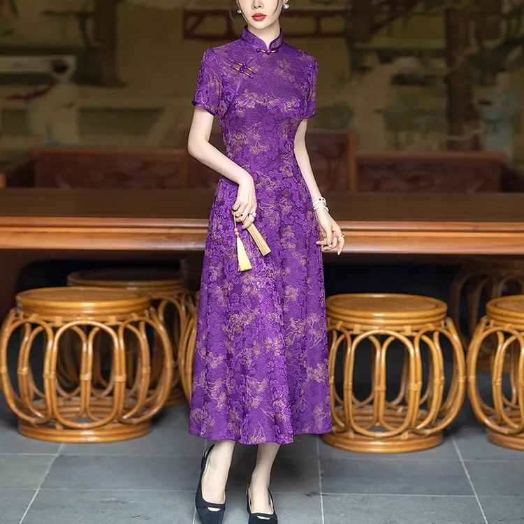 阔太太阔太太紫色连衣裙女夏季50岁显瘦新中式改良旗袍贵夫人高贵