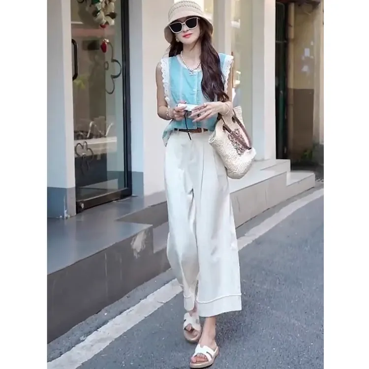 今年流行的女装套装夏季无袖蕾丝背心衬衫阔腿裤时尚高级感两件套