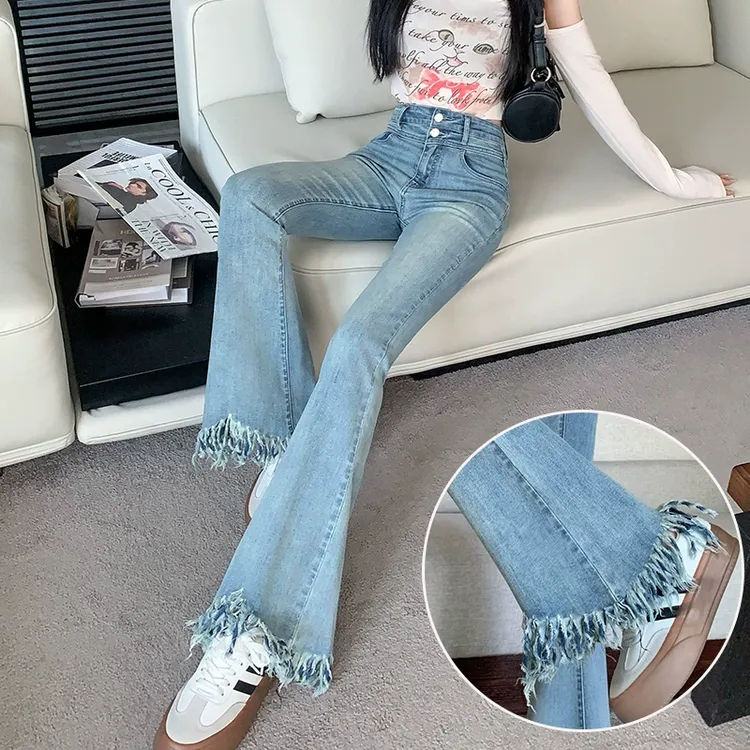 蜜蜜穿搭浅色碎边大流苏微喇牛仔裤女2025秋季高腰九分弹力马蹄裤