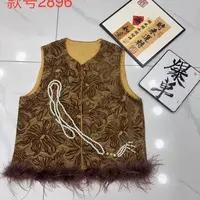 大码新中式国风植绒刺绣提花棕色显瘦遮肉马甲2896