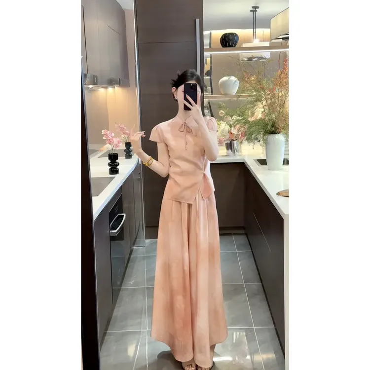 【胭脂】2025新款新中式国风提花盘扣上衣高腰阔腿裤休闲裤子女装潮