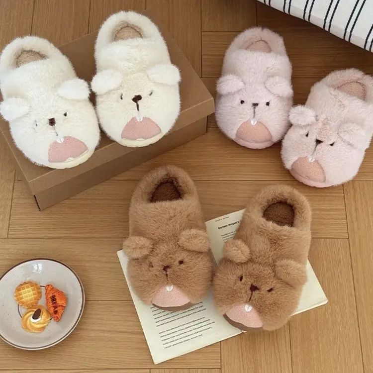 可爱土拨鼠毛毛棉拖鞋女秋冬保暖防滑可室内外穿