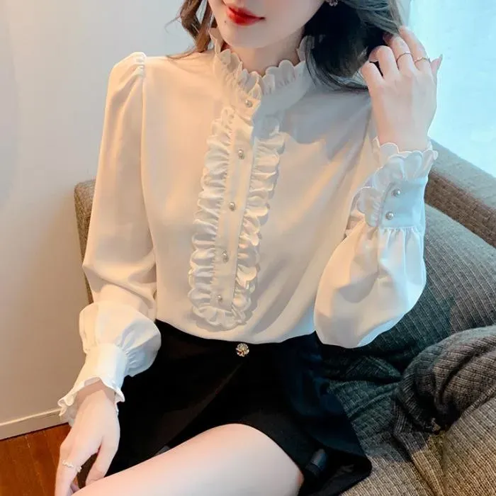 法式木耳边立领雪纺衬衫春装2025新款小衫女高档洋气百搭长袖上衣