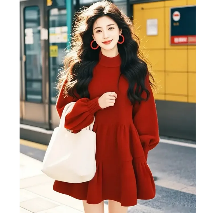 冬天配大衣的法式梨型身材红茶风内搭长裙红色半高领灯笼袖连衣裙