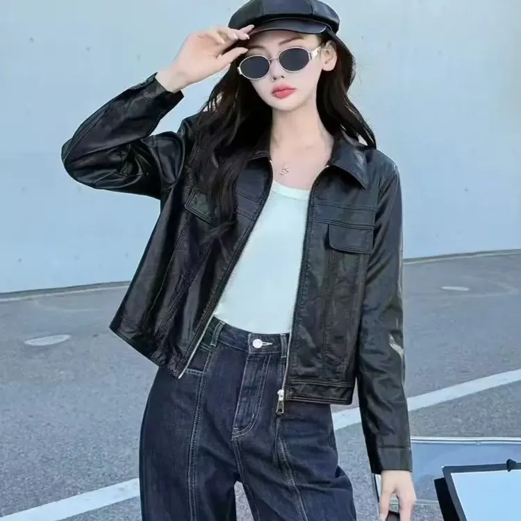 春季宽松型少女风标准轻职风皮衣拉链;拼接长袖