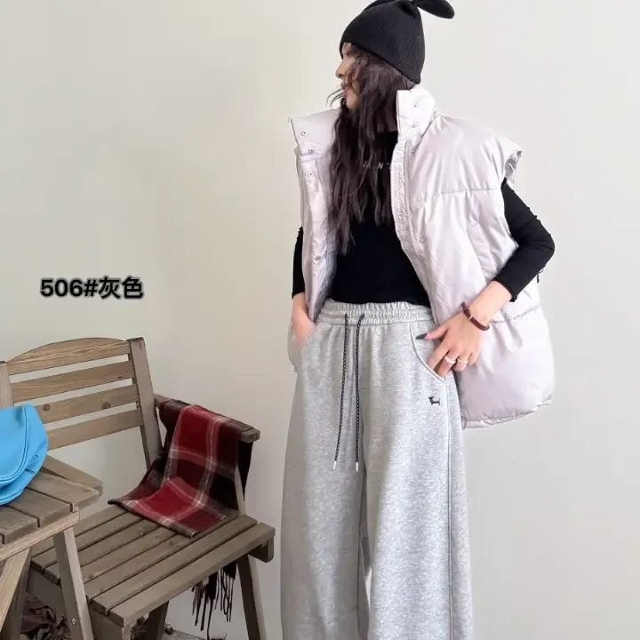 冬季加绒刺绣运动裤宽松显瘦阔腿休闲弯刀裤