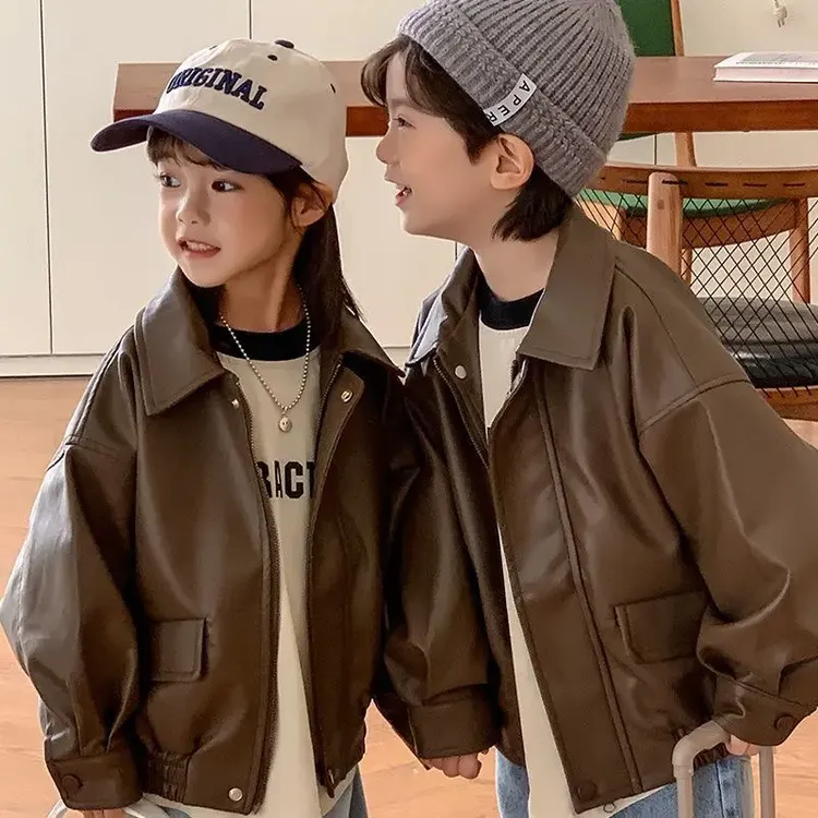 儿童皮衣外套2025春秋新品男女童纯色翻领皮夹克男宝宝韩版机车服