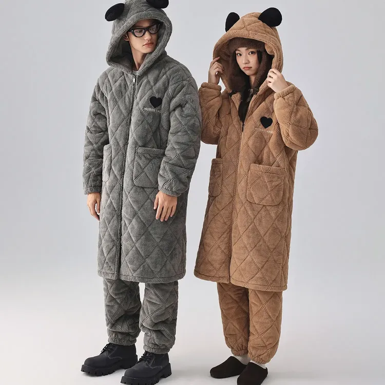 冬季夹棉加厚珊瑚绒情侣睡袍连帽保暖可外穿家居服套装