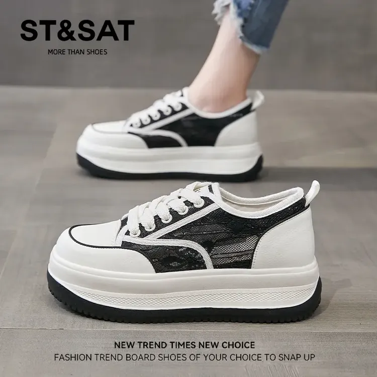 星期六松糕鞋女透气网纱休闲鞋2025新款秋季百搭轻便厚底运动板鞋