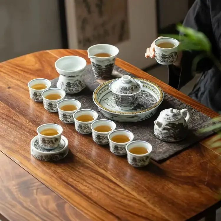 景德镇陶瓷墨彩黄鹤楼茶具套装中式复古功夫茶壶茶杯盖碗茶盘礼盒